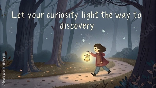 Obraz Young Girl with Lantern Follows Her Curiosity Through a Forest.