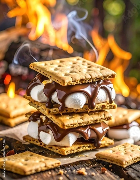 Obraz A stack of s'mores, dripping with melted chocolate, sits atop parchment paper, with a warm campfire in the background.