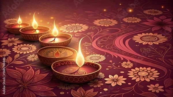Fototapeta Row of illuminated diyas on a decorative patterned surface