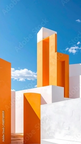 Obraz A vibrant architectural composition featuring geometric shapes of white and orange structures against a clear blue sky, with dramatic shadows and a bright, sunny mood.