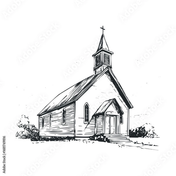 Fototapeta Rustic church building in a serene countryside setting. Vector illustration
