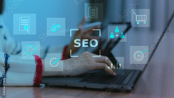 Fototapeta Hands typing on laptop with floating SEO icons, symbolizing search engine optimization, online marketing, and web analytics strategy.