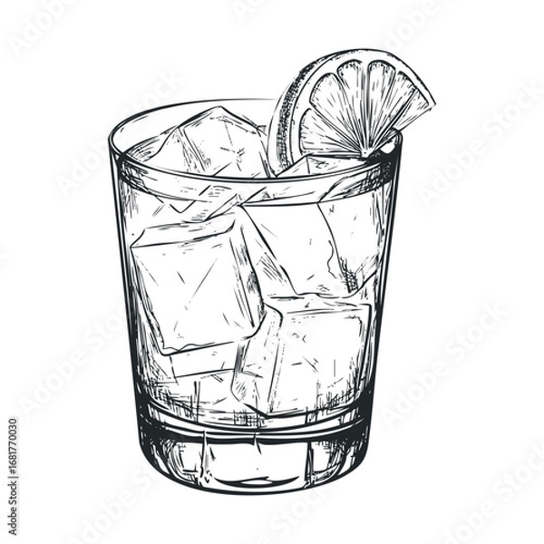 Fototapeta Refreshing cocktail with ice and lemon slice on glass. Vector illustration