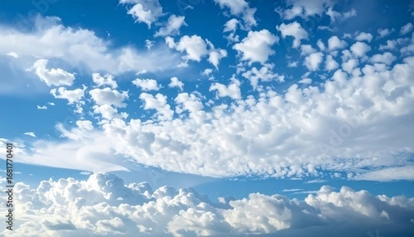 Obraz A vast expanse of a vibrant blue sky dotted with soft, fluffy white clouds, showcasing a beautiful interplay of light and shadow.