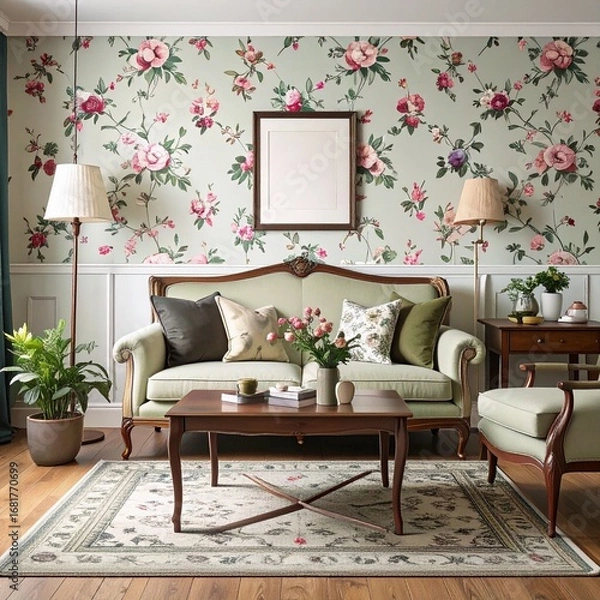 Fototapeta Retro living room with floral wallpaper