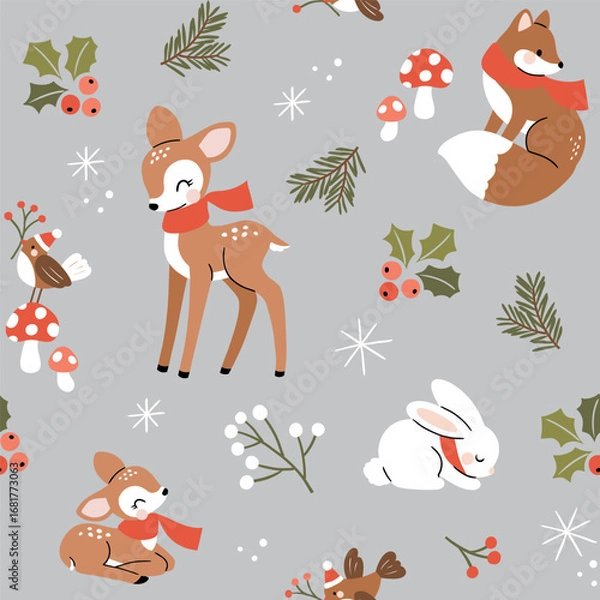Fototapeta Seamless vector pattern with woodland animals. Hand drawn cute fox, deer, rabbit, fawn and bird with winter flora. Perfect for textile, wallpaper or nursery print design.