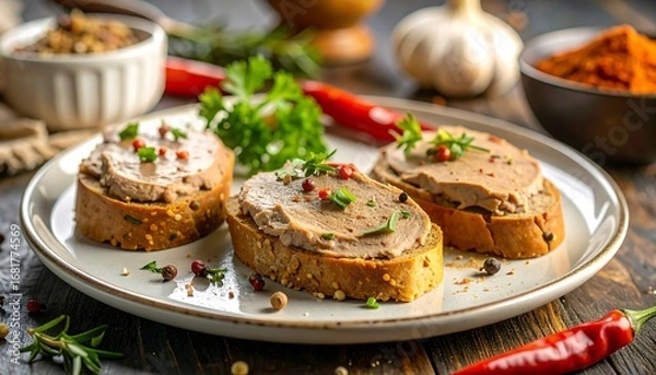 Obraz Two slices of toasted bread topped with flavorful liver p?t?, garnished with fresh herbs and spices, displayed on a light-colored plate.