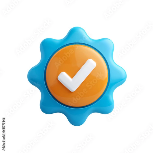 Fototapeta 3d rendered blue starburst badge with orange circle and white checkmark symbol