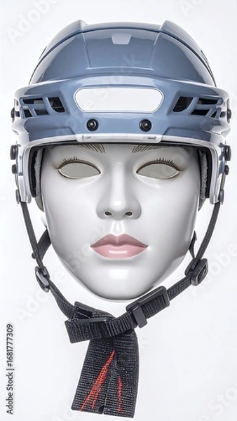 Obraz A light slate-gray hockey helmet sits atop a mannequin head, accented by black straps and a subtle red design element.
