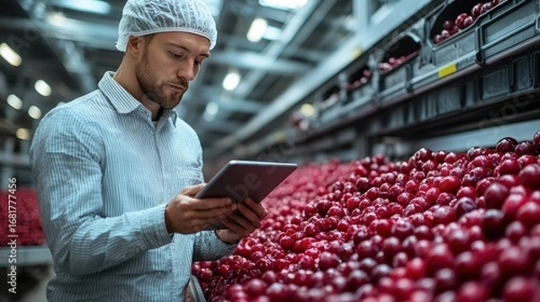 Fototapeta A worker in a food processing facility uses a tablet to monitor cherries