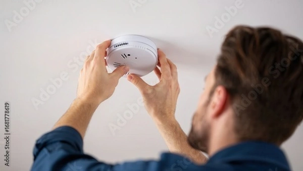 Fototapeta Man installing smoke detector on ceiling for home safety and fire prevention.