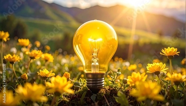 Obraz A radiant light bulb sits amidst a field of cheerful yellow flowers, bathed in the warm glow of the setting sun.