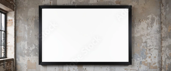 Fototapeta A blank old wooden sign hangs on a textured wall, with an empty frame and space for your custom design