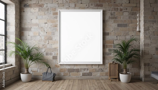 Fototapeta Blank advertising billboard in an empty room with a wooden floor and white walls