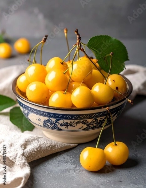 Obraz A vibrant bowl overflowing with plump, golden yellow cherries, displayed against a muted gray background.