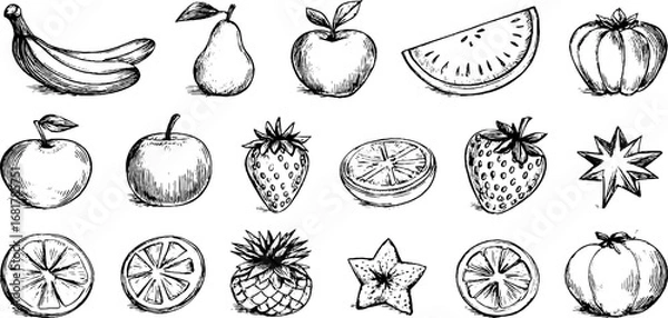 Fototapeta Hand drawn doodle icons of fruits set featuring banana, apple, pear, and more for design