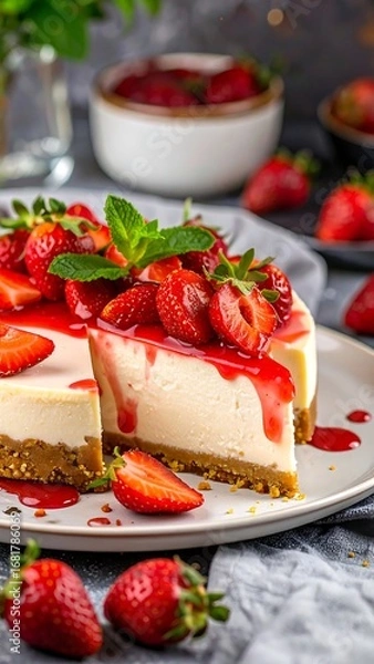 Obraz A sliced cheesecake topped with fresh strawberries and a drizzle of sweet sauce, showcasing a delightful combination of creamy cheesecake and juicy berries.