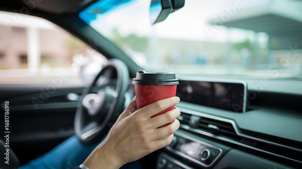 Fototapeta Hand Holding Red Coffee Cup Inside Car with Blurred Dashboard and Steering Wheel Background