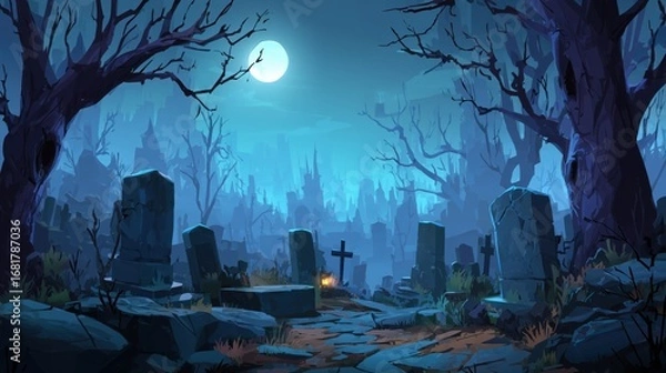 Fototapeta Spooky Halloween graveyard scene with full moon, tombstones, and creepy trees at night