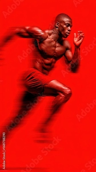 Fototapeta Athletic man sprinting with dynamic motion against a vibrant red background during a high-energy training session
