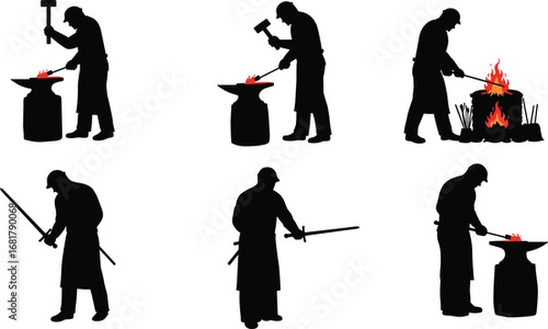 Fototapeta Silhouettes of blacksmiths forging metal and swords with anvils, hammers, and fire – traditional craftsmanship vector illustration