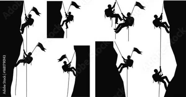 Fototapeta Silhouettes of mountain climbers with flags – rock climbing, rappelling, and summit achievement concept in adventure and outdoor sports vector.