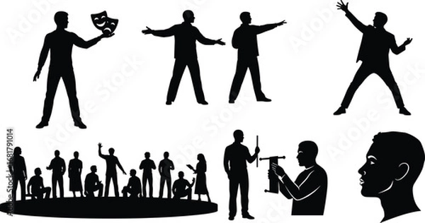 Fototapeta Vector silhouettes of theater actors performing drama scenes on stage, acting in play rehearsals, and holding theatrical props or masks.
