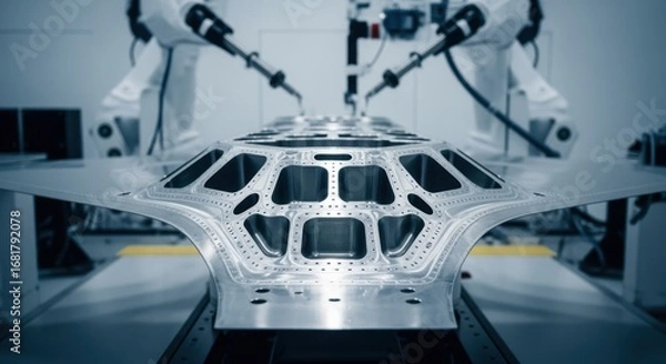 Fototapeta Detailed shot of a hypersonic glidevehicles titanium base structure before thermal shield application in a sterile bonding environment.