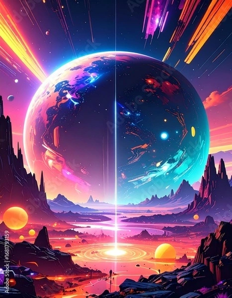 Obraz A vibrant, otherworldly landscape surrounds a celestial sphere, illuminated by a brilliant, central light source.