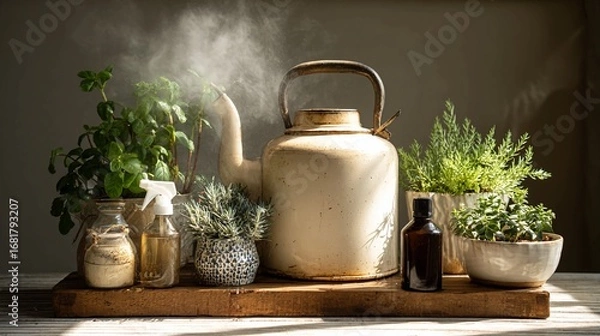 Fototapeta Aromatic herbs and essential oils arranged with a vintage kettle, creating a natural wellness scene.
