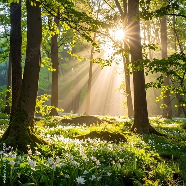 Obraz Sunlight streams through a lush forest, illuminating a field of delicate white flowers.