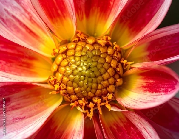 Obraz A detailed close-up view of a dahlia flower's vibrant center, showcasing intricate textures and a gradient of warm colors.