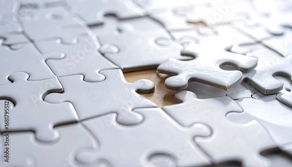 Fototapeta Close-up view of a nearly completed puzzle, with a single piece remaining out of place.