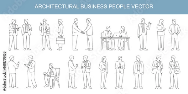 Fototapeta CAD Drawings of Business People Outlines – Vector Illustration Featuring Walking, Standing, and Talking Professionals Isolated on White Background, Perfect for Corporate and Office Design Projects.