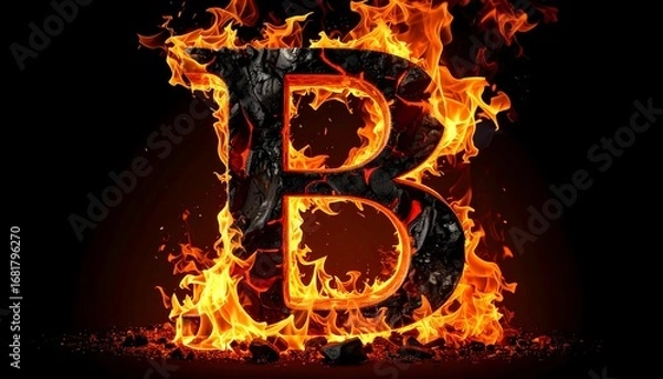 Obraz Fiery capital letter B, formed by burning dark material, ablaze with vibrant flames against a dark background.