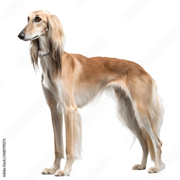 Fototapeta A graceful Saluki dog stands elegantly against a black background. The dog has a slender build, long legs, and silky, tan fur.