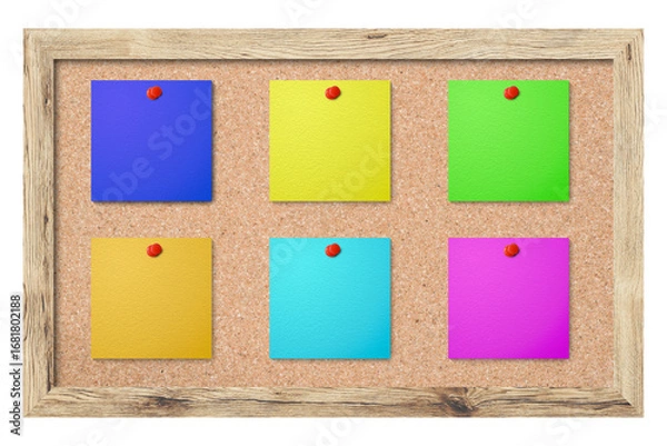 Fototapeta Photo of different colorful memo papers attached with pins to the wooden board