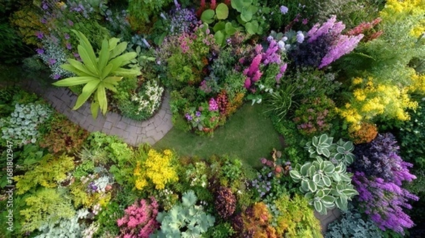 Fototapeta An aerial top-down view of a vibrant and lush garden with a winding stone path surrounded by colorful flowers and foliage.