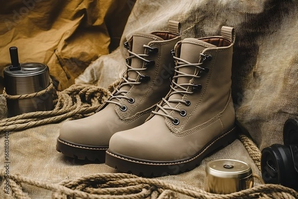 Fototapeta A khaki pair of rugged outdoor boots set against a canvas cloth with rope and camping props nearby 