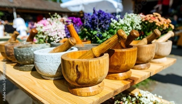 Obraz Mortars and Pestles with Colorful Flowers on a Wooden Table at a Market.