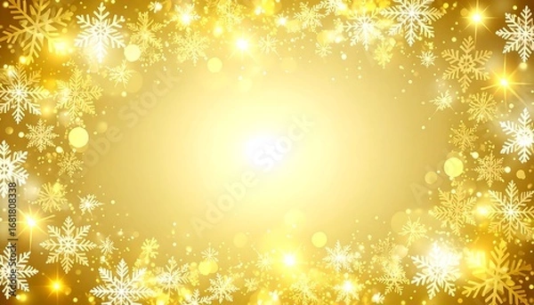 Obraz A festive gold background is dotted with many elegant snowflakes and shimmering lights.