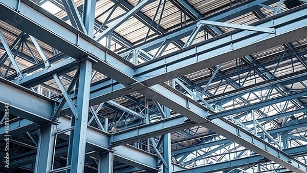 Fototapeta Industrial metal beams forming an abstract geometric composition in a construction setting with cool steel tones.