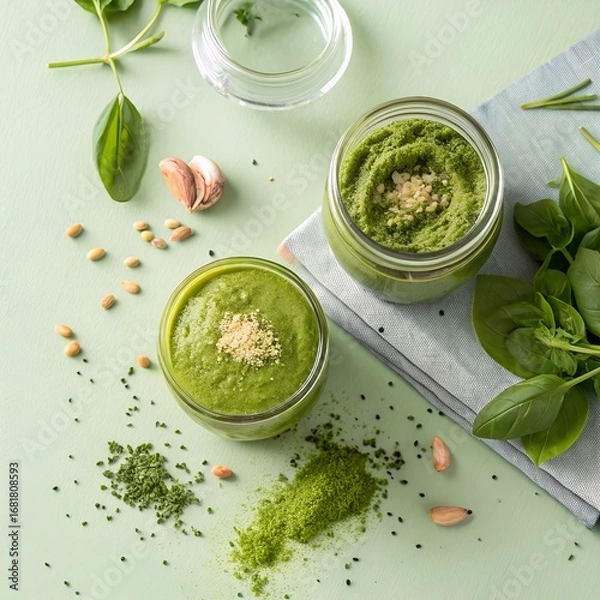 Fototapeta Bright green pesto sauces in glass jars with powdered herb smears on pale green background, top view minimal food composition with vibrant texture and modern culinary aesthetic