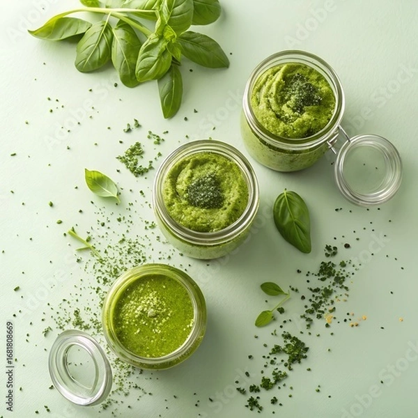 Fototapeta Bright green pesto sauces in glass jars with powdered herb smears on pale green background, top view minimal food composition with vibrant texture and modern culinary aesthetic