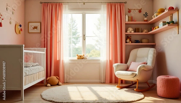 Fototapeta A beautifully designed cozy nursery in soft pink tones with a crib, rocking chair, and shelves filled with toys bathed in warm sunlight