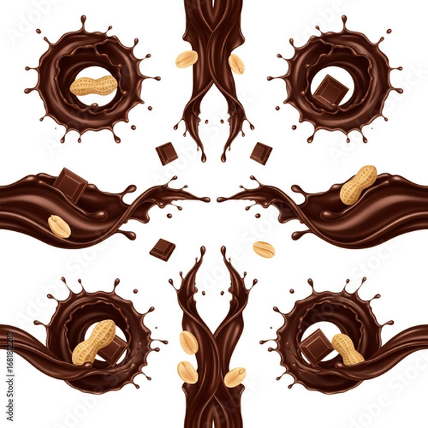 Fototapeta Chocolate and Peanut Splashes with Squares and Whole Peanuts