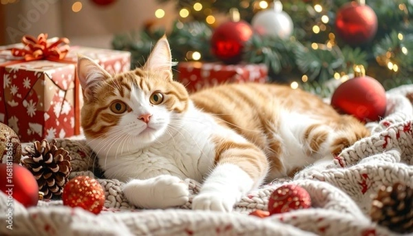 Obraz A ginger and white cat rests amongst festive Christmas decorations, a cozy and joyful holiday scene.