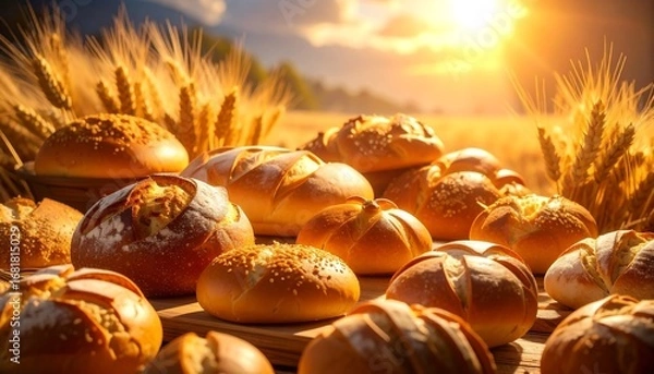 Obraz A variety of freshly baked breads displayed on a wooden surface against a backdrop of golden wheat fields at sunrise, showcasing diverse textures and colors.