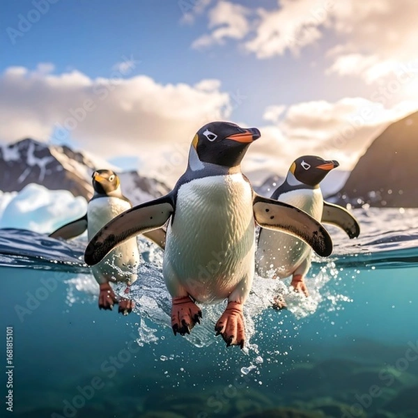 Obraz Three penguins emerge from the water, splashing with vibrant energy against a backdrop of icy mountains.