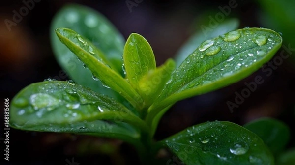 Fototapeta Close-up of a vibrant green seedling with water droplets on its leaves.